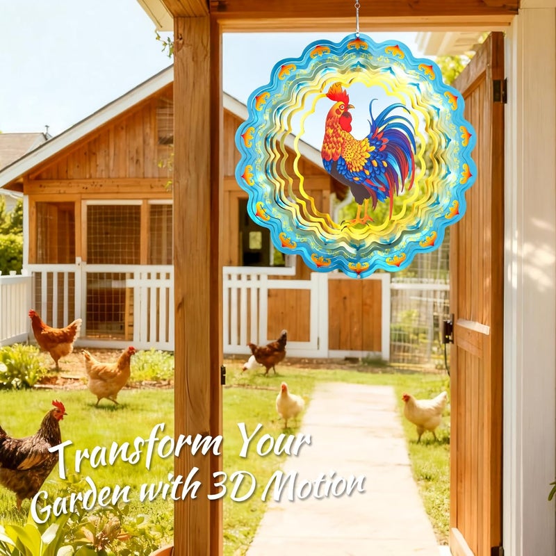 SUNCKET Stainless Steel 3D Chicken Wind Spinner Garden Yard Patio Porch Decor, Birthday Gifts for Women Mom Grandma, 12 Inch Hanging Rooster Wind Spinners Outdoor Chicken Coop Decoration - Image 2